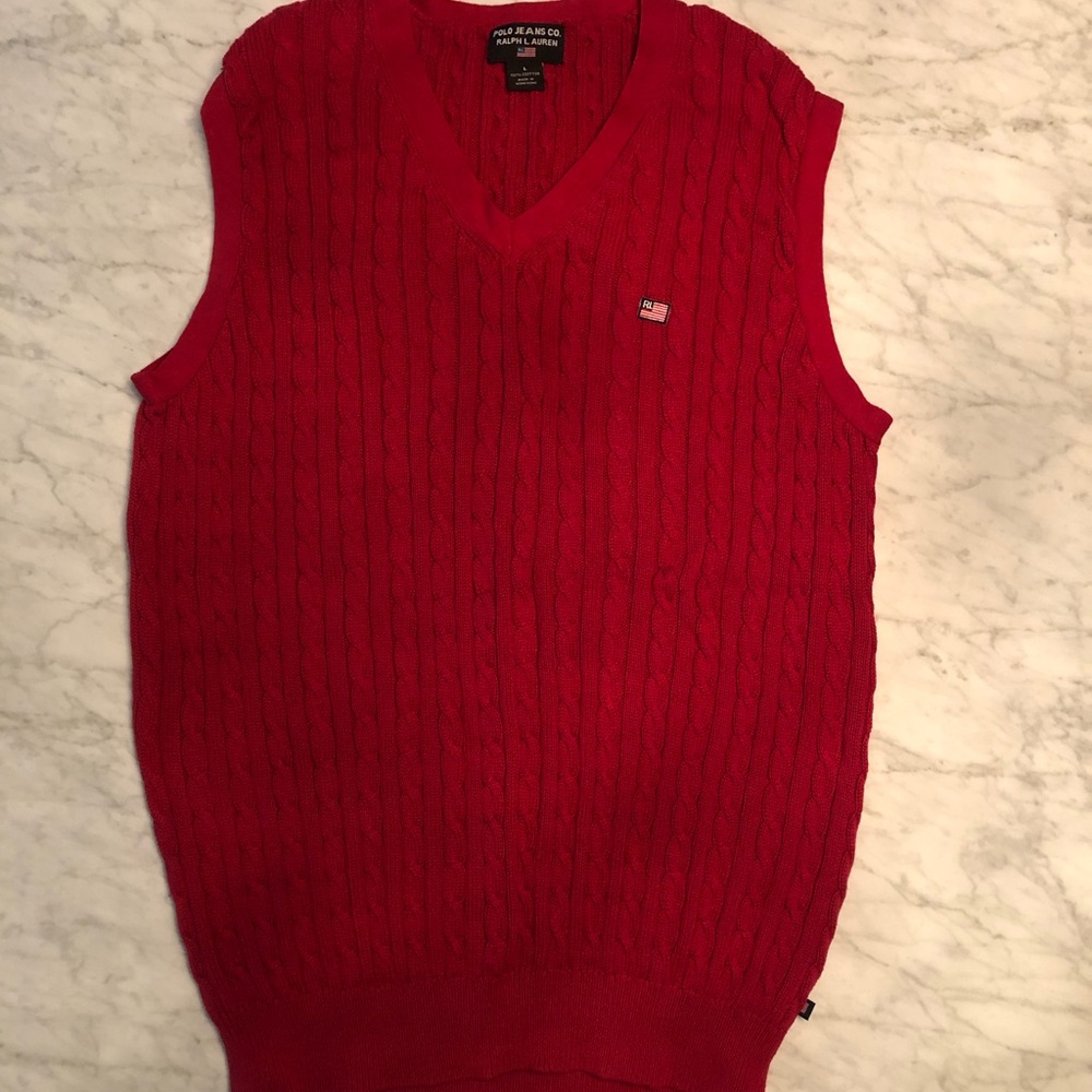 Ralph Lauren Men's Red Cable Knit V-Neck Sweater Vest